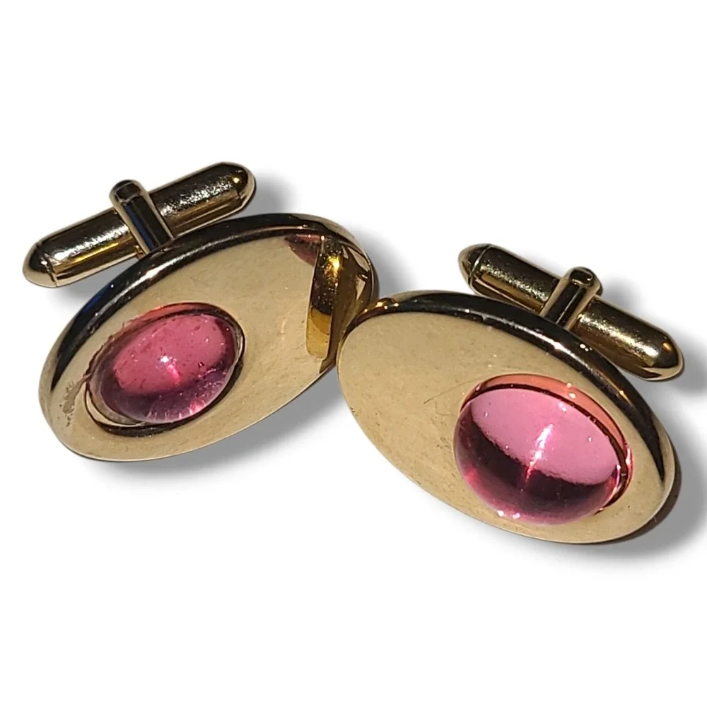 Vintage Gold Tone Pink Cabochon Cufflinks Oval Mens Formal Retro